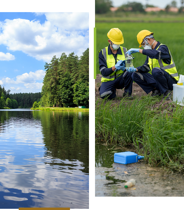 Scientists testing water near a lake.