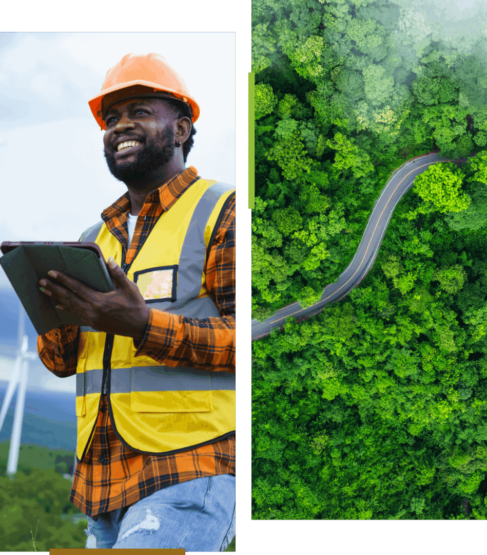 Engineer with tablet, forest aerial view.